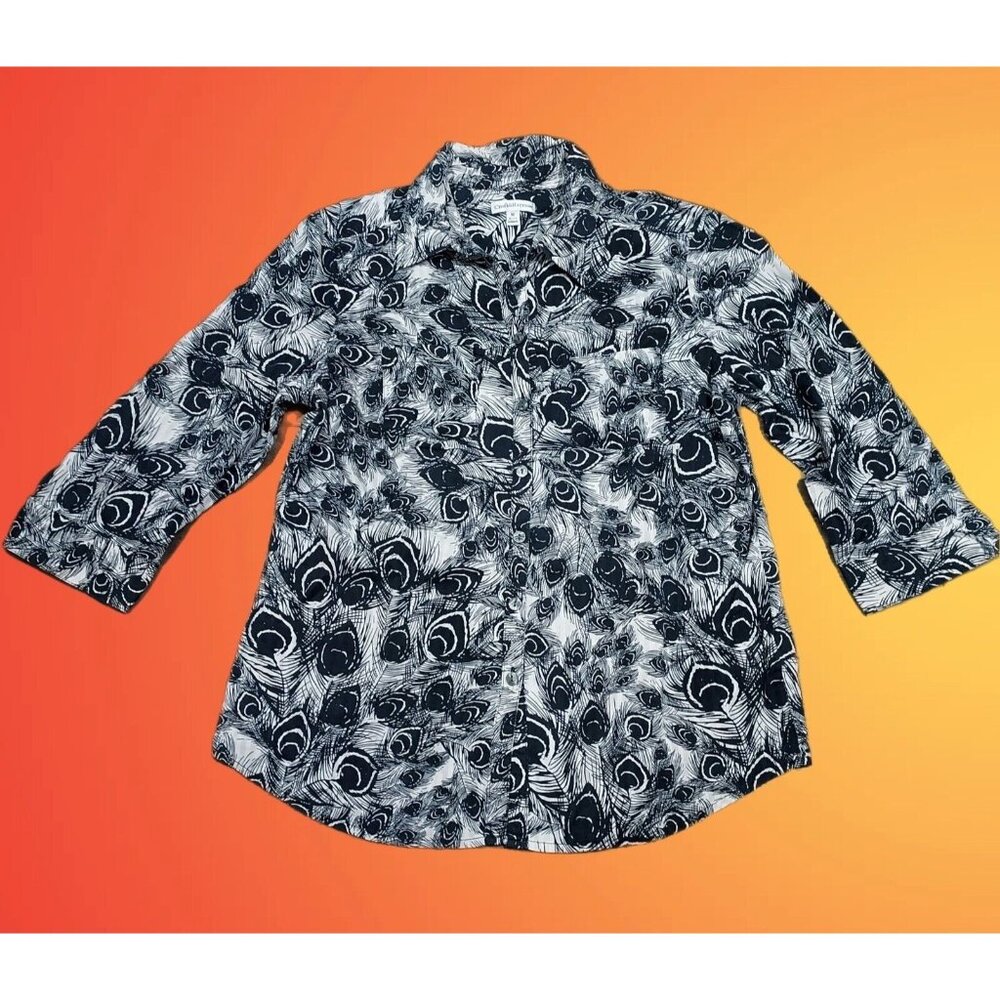 Croft Barrow 3/4 Sleeve Button Up Shirt Black and White Peacock Feathers